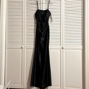 Black satin slit dress… gala/prom/black tie event